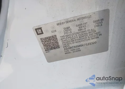 2019 Chevrolet Cruze Ls из США, поврежденный, VIN 1G1BC5SM6K7123320